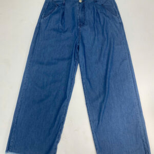 Quần jeans nữ cạp liền ống rộng tua gấu