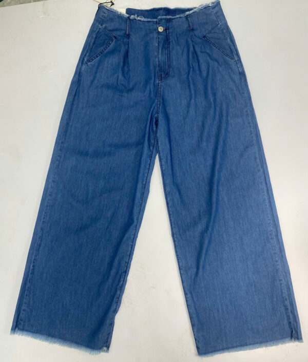 Quần jeans nữ cạp liền ống rộng tua gấu
