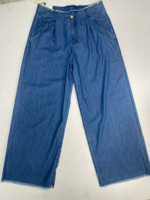 Quần jeans nữ cạp liền ống rộng tua gấu - Ảnh 2