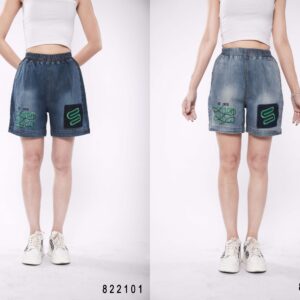 Quần short jeans nữ cạp chun thêu