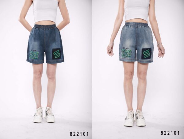Quần short jeans nữ cạp chun thêu